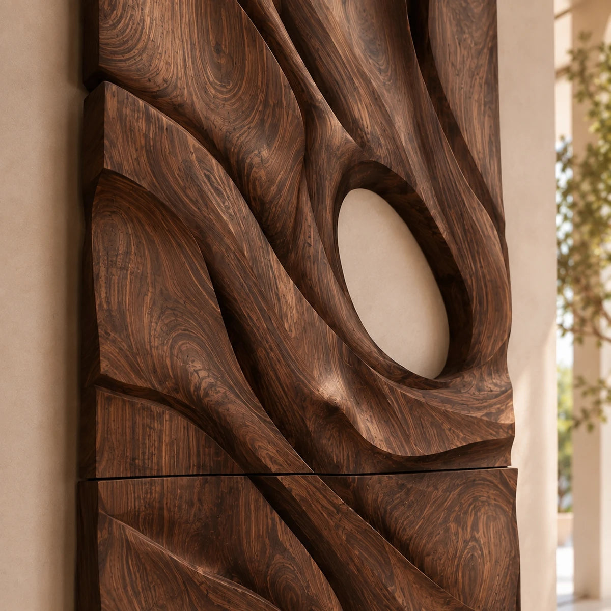 Mounted above seating, this sculptural wall decor adds movement to an airy living space