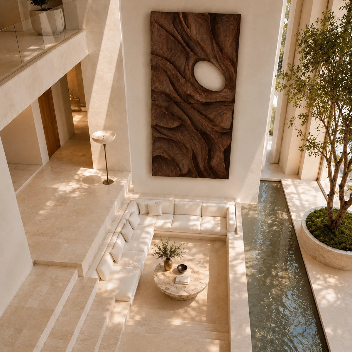 Open form wall sculpture with sweeping relief creates visual rhythm in a modern setting