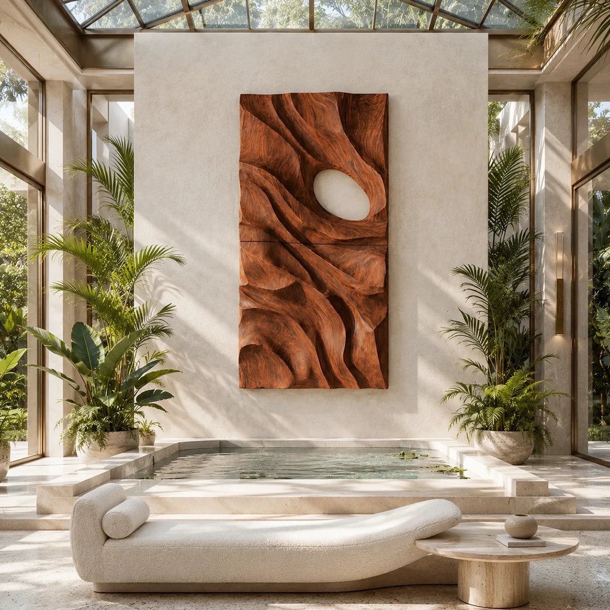 Textured wall art with layered carved curves adds architectural interest to calm interiors