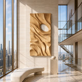 Statement wall panel with fluid contours and open detail enhances a refined home space