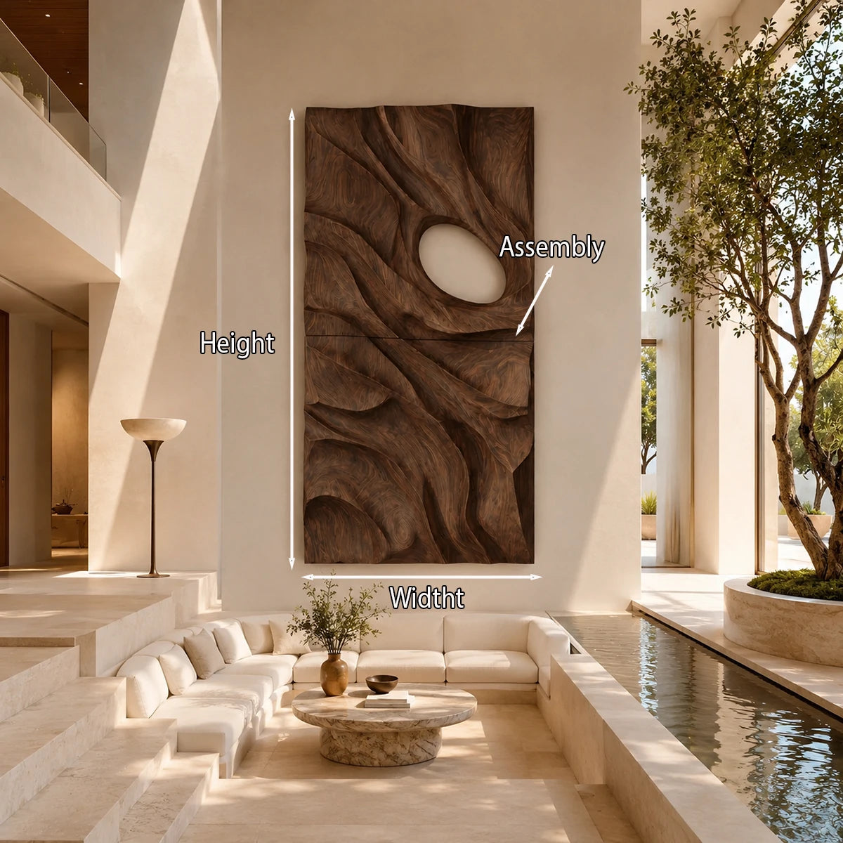 Contemporary wall sculpture with organic carving creates a distinctive home centerpiece