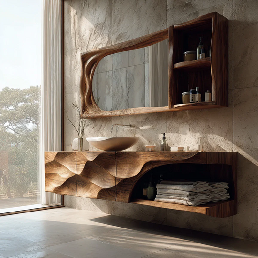 Organic carved wood vanity with floating design – wood bathroom vanity