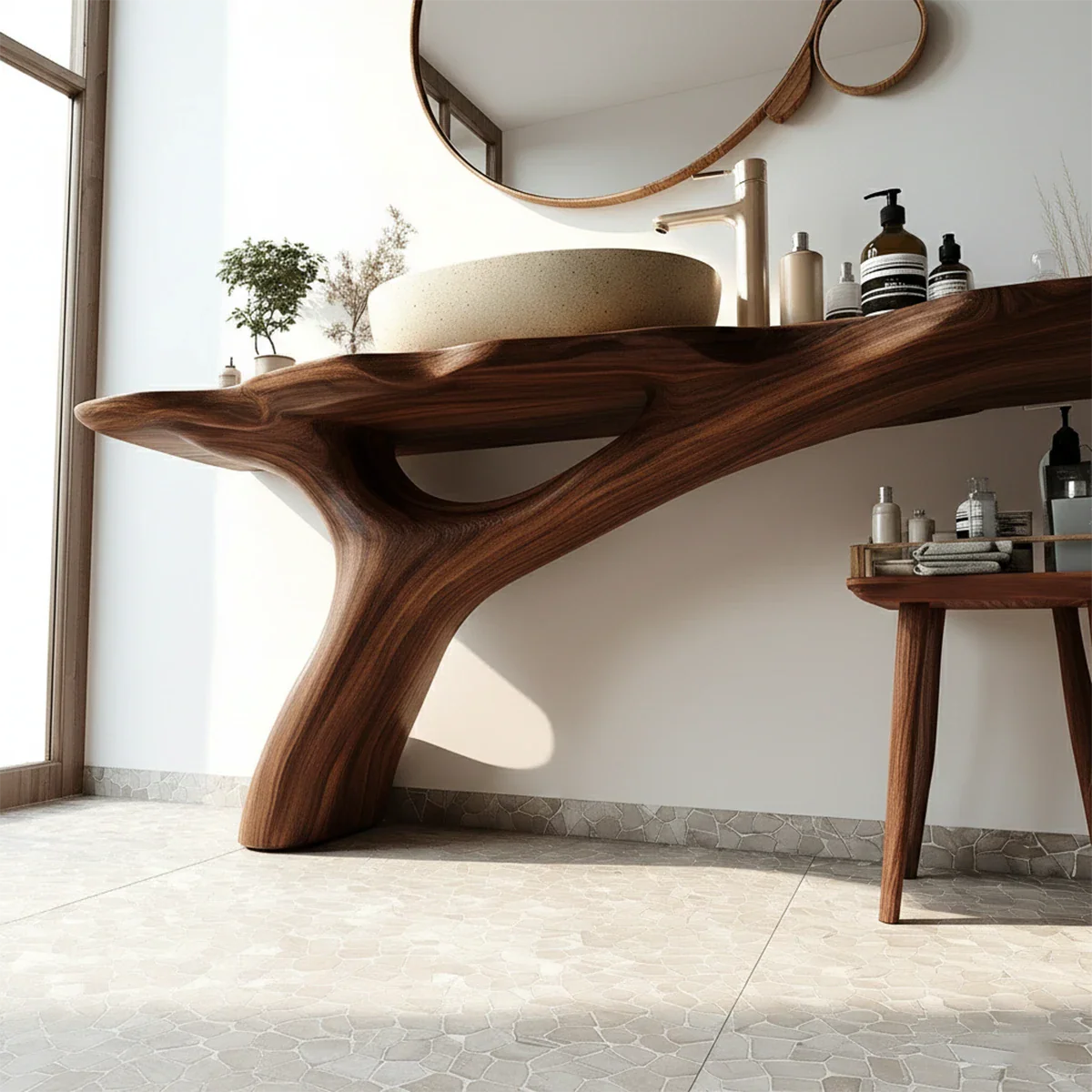 Organic Sculptural Bathroom Vanity Natural Solid Wood Curved Base - ArborisWood - 4