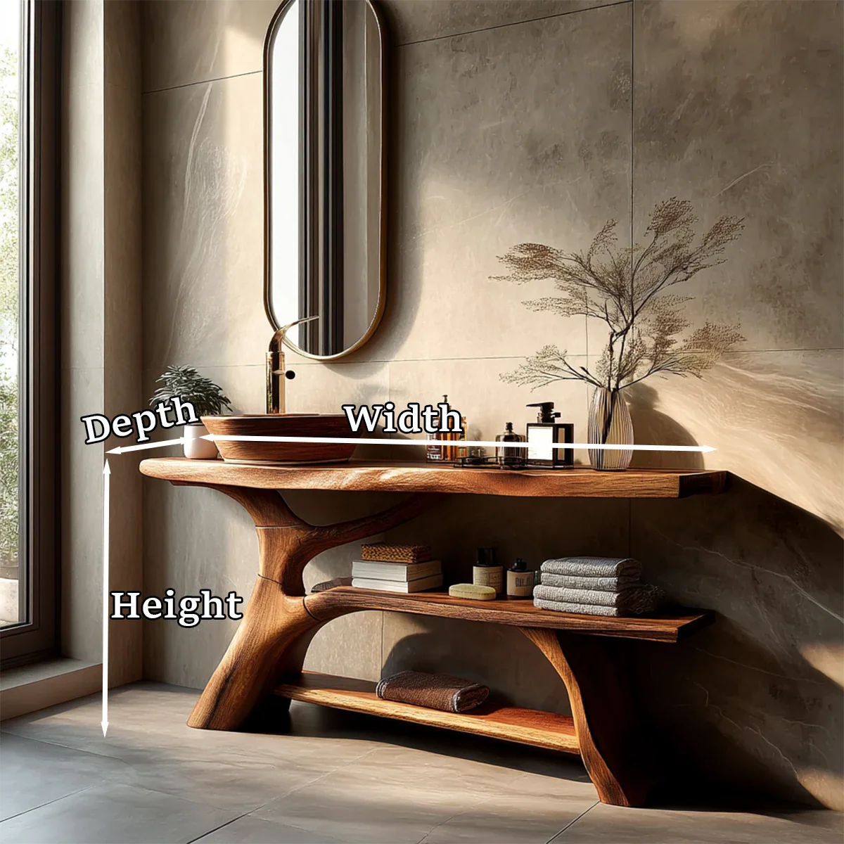 Organic Sculptural Bathroom Vanity Natural Solid Wood Open Shelf - ArborisWood - 12