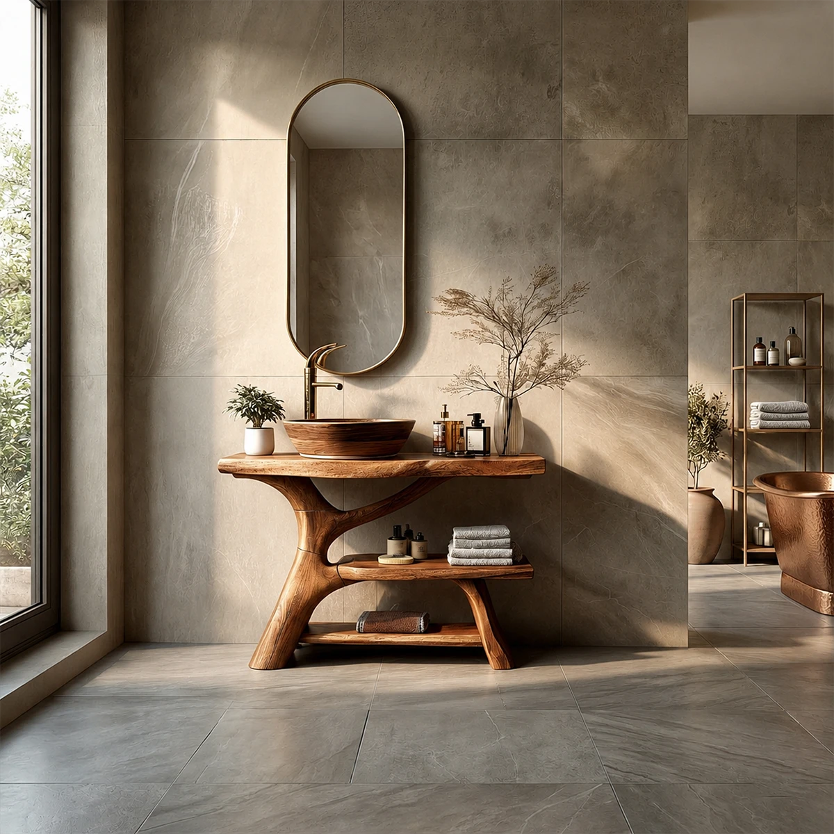 Organic Sculptural Bathroom Vanity Natural Solid Wood Open Shelf - ArborisWood - 13