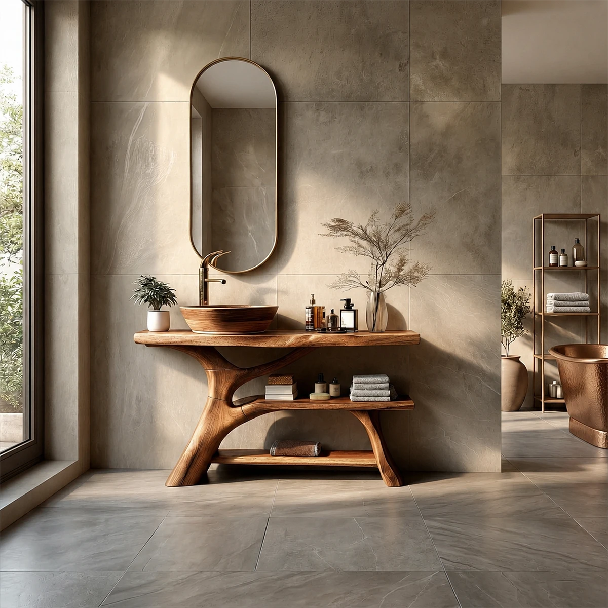 Organic Sculptural Bathroom Vanity Natural Solid Wood Open Shelf - ArborisWood - 14
