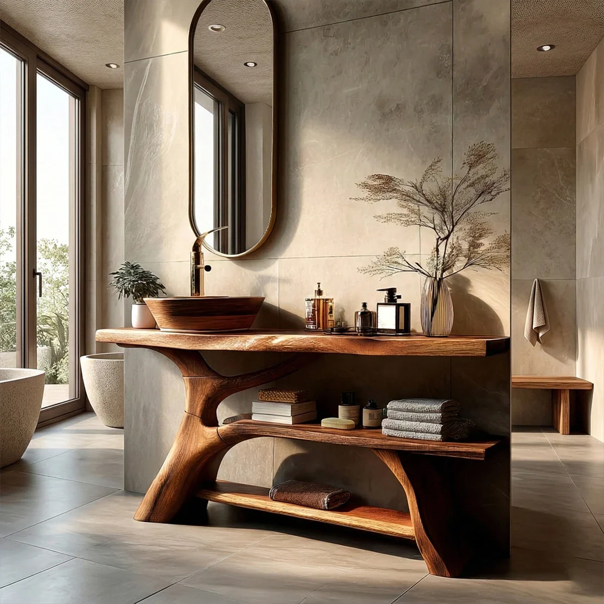 Organic Sculptural Bathroom Vanity Natural Solid Wood Open Shelf - ArborisWood - 4