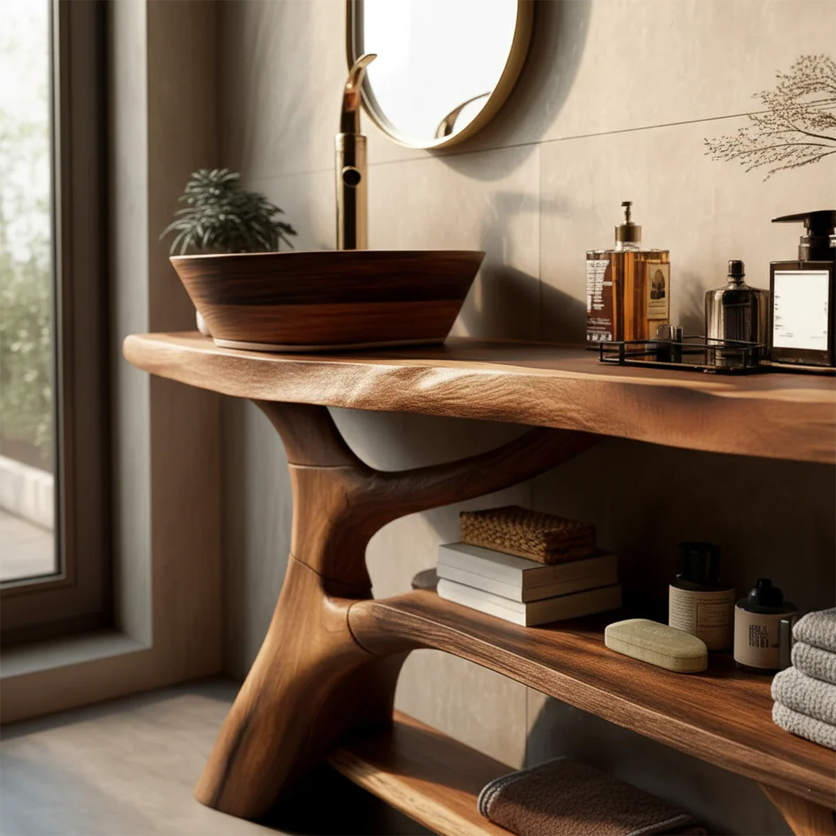 Organic Sculptural Bathroom Vanity Natural Solid Wood Open Shelf - ArborisWood - 5