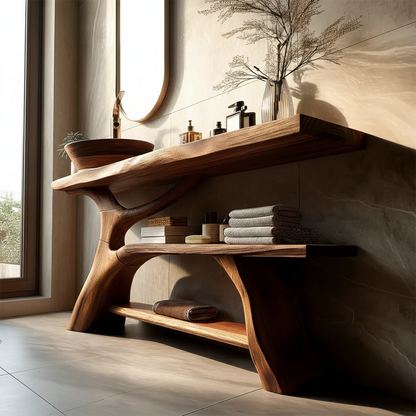 Organic Sculptural Bathroom Vanity Natural Solid Wood Open Shelf - ArborisWood - 6