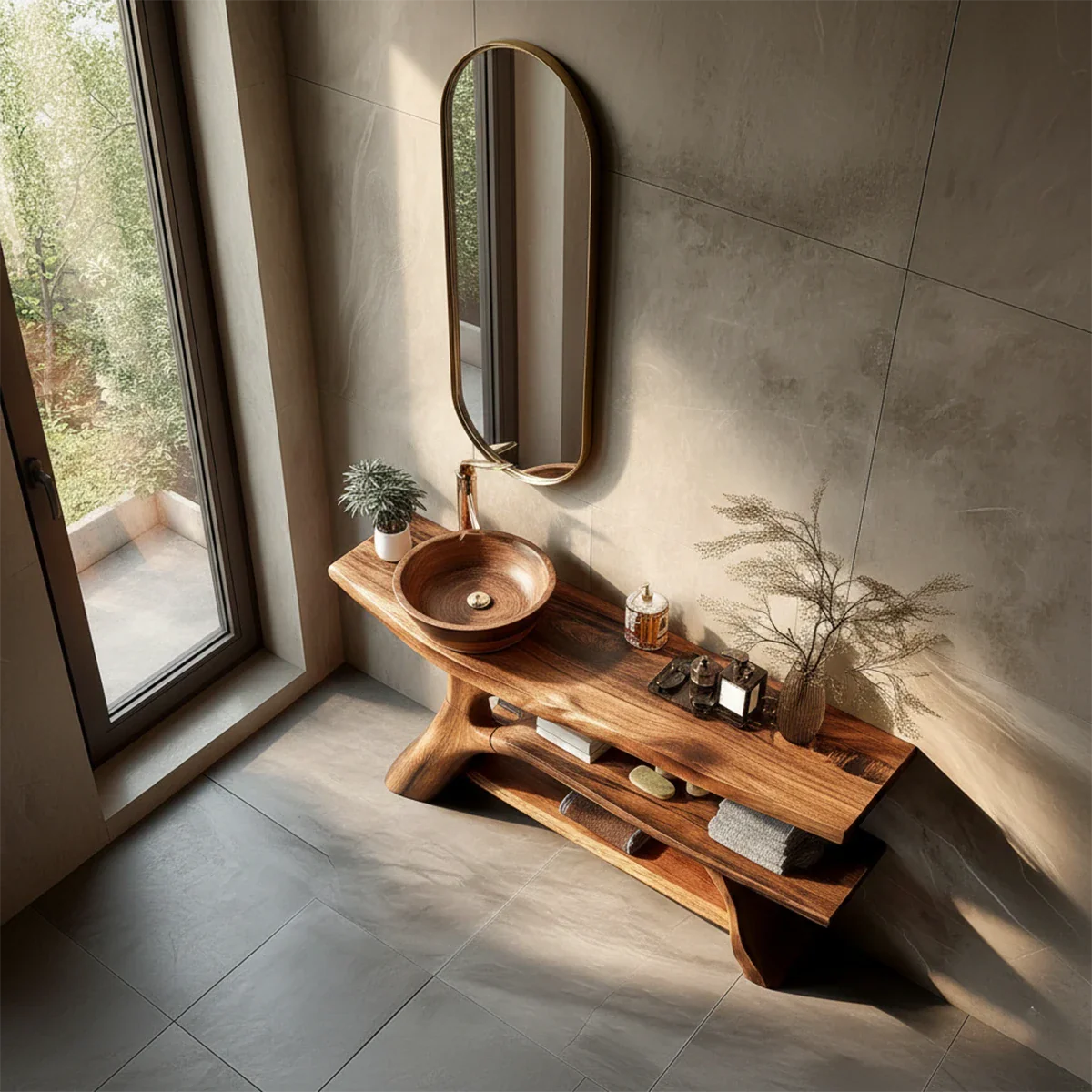 Organic Sculptural Bathroom Vanity Natural Solid Wood Open Shelf - ArborisWood - 7