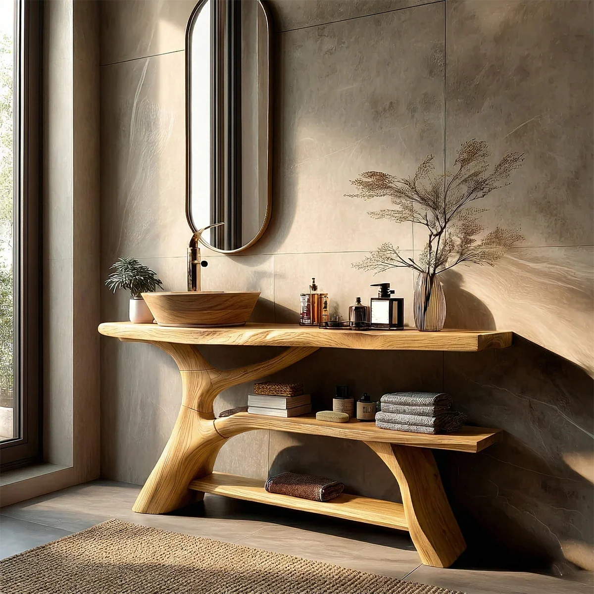 Organic Sculptural Bathroom Vanity Natural Solid Wood Open Shelf - ArborisWood - 9