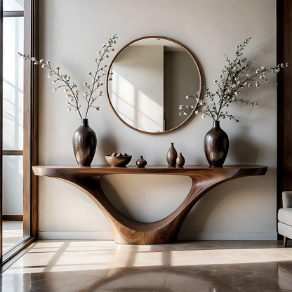 Organic walnut console table with flowing curved base