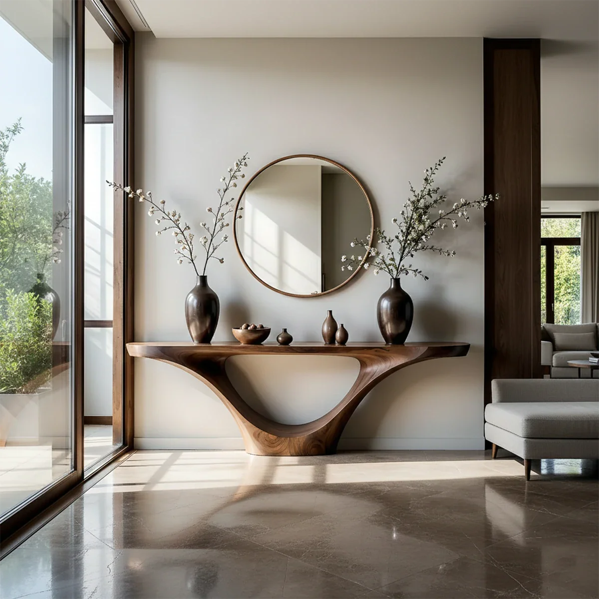 Modern walnut console table with fluid curve pedestal