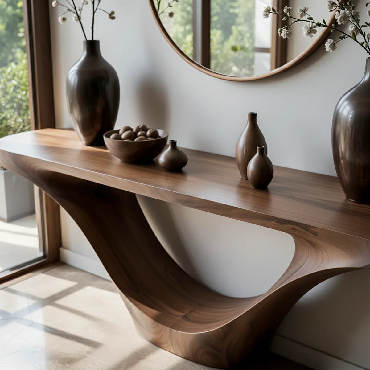 Artistic walnut console table with organic wood base