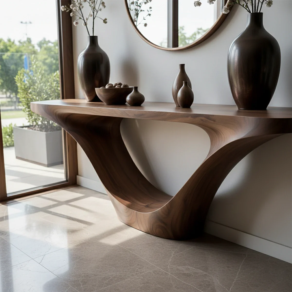 Luxury walnut console table with sculpted curved base