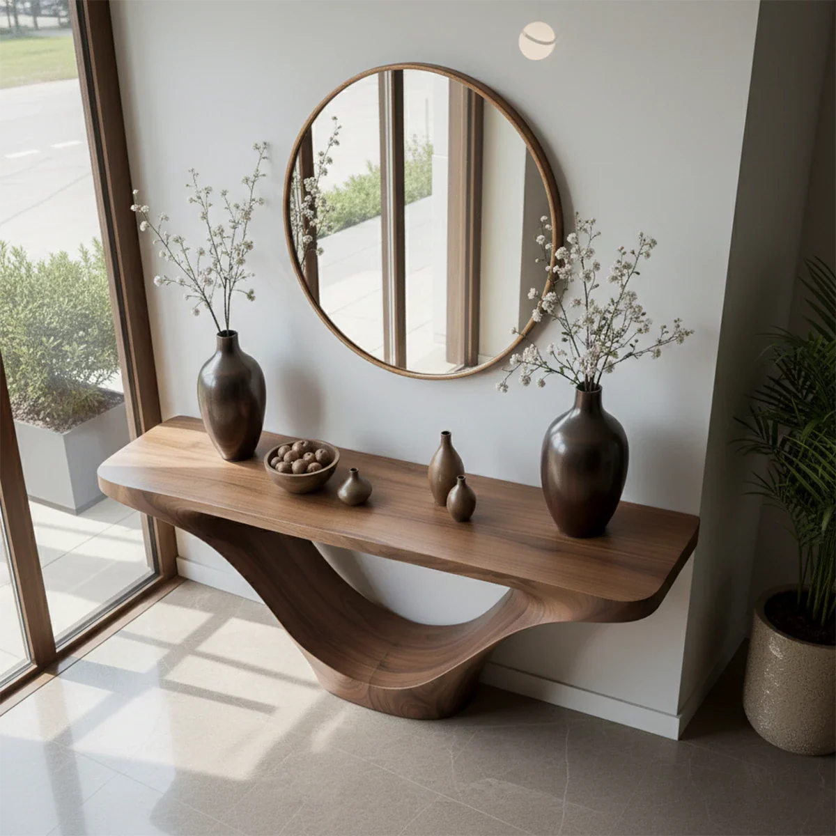 Contemporary walnut console table with flowing base