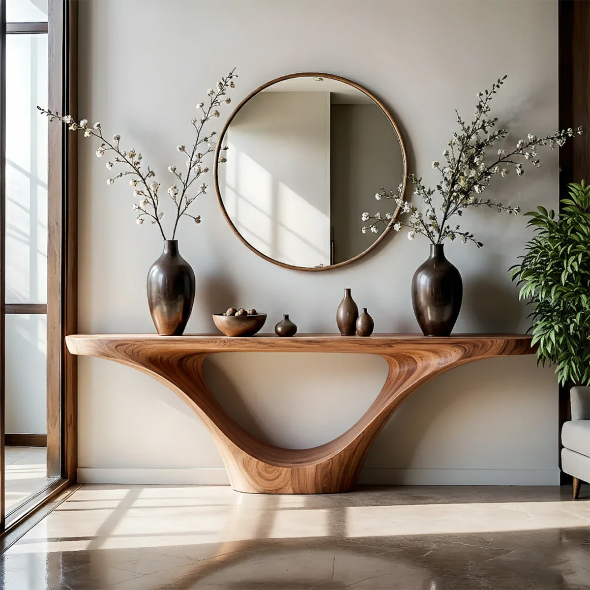 Minimal walnut console table with organic curves