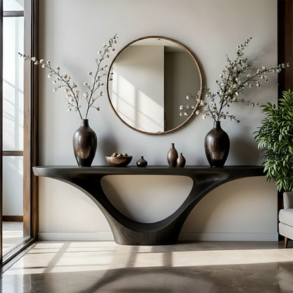 Elegant walnut console table with fluid curve structure