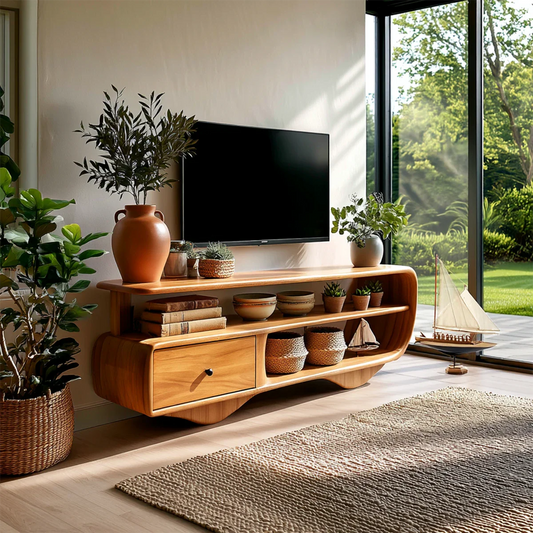 Organic shape TV cabinet with open shelves and light natural wood tone in sunlit living space