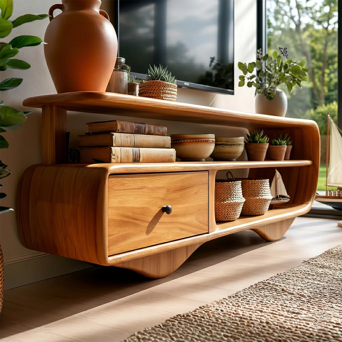 Light wood TV furniture with soft rounded edges and decorative open shelving display