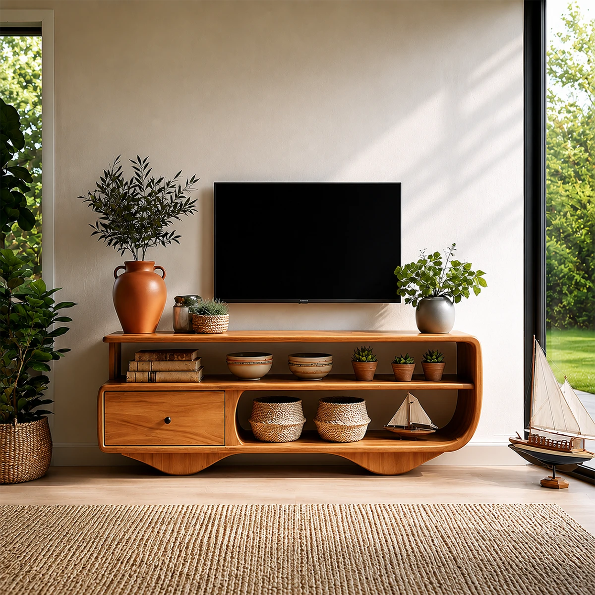Low Profile TV Stand with Drawer and Open Shelves in Natural Solid Wood