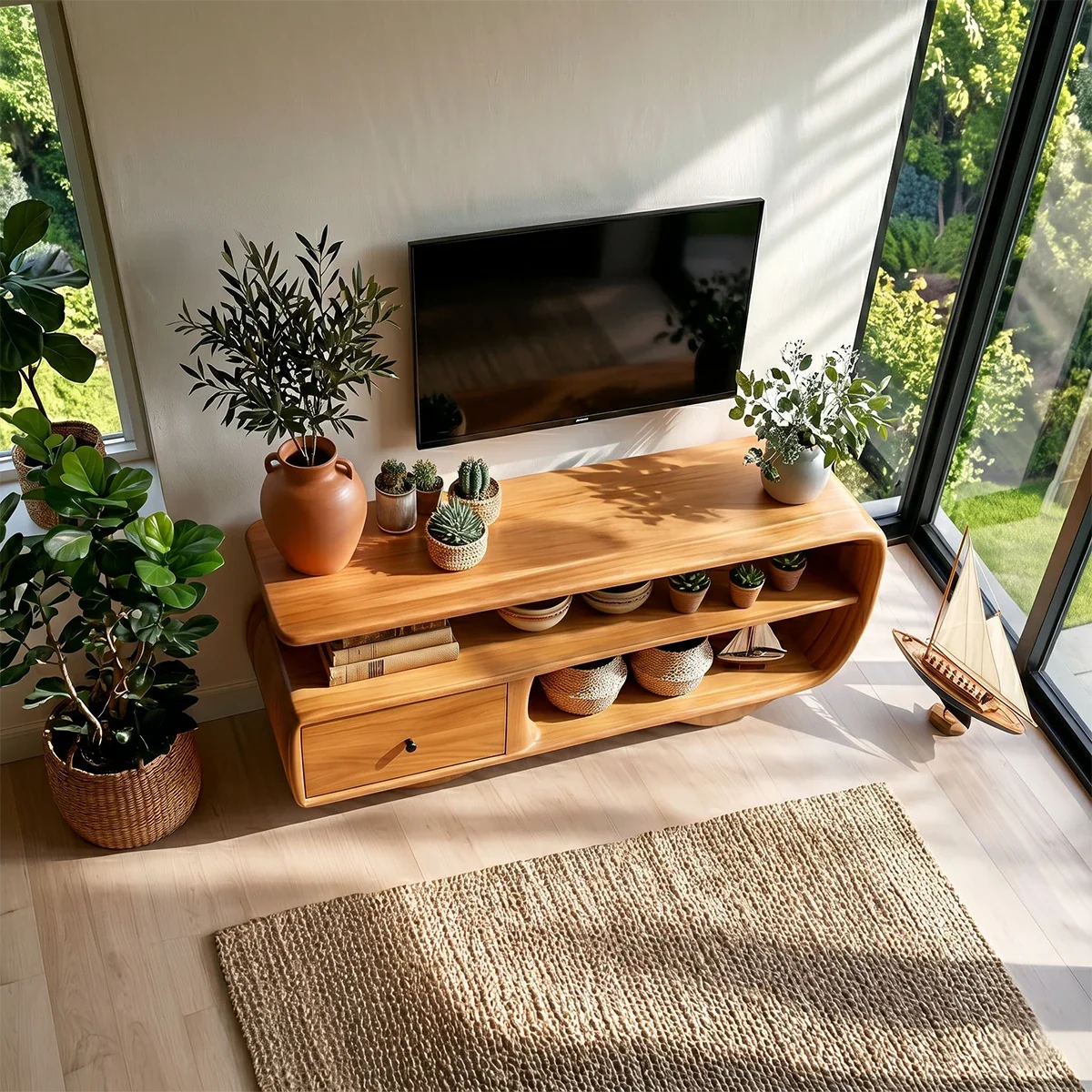 Natural style TV unit with curved silhouette and open compartments for daily essentials