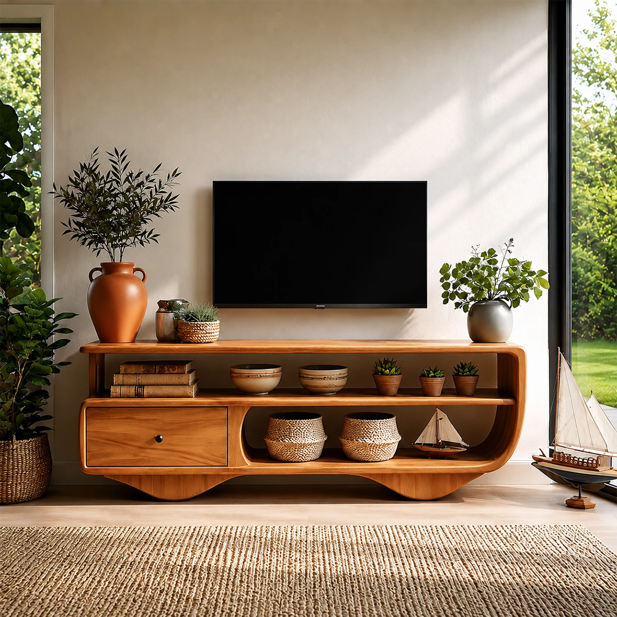 Low Profile TV Stand with Drawer and Open Shelves in Natural Solid Wood
