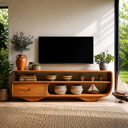 Low Profile TV Stand with Drawer and Open Shelves in Natural Solid Wood