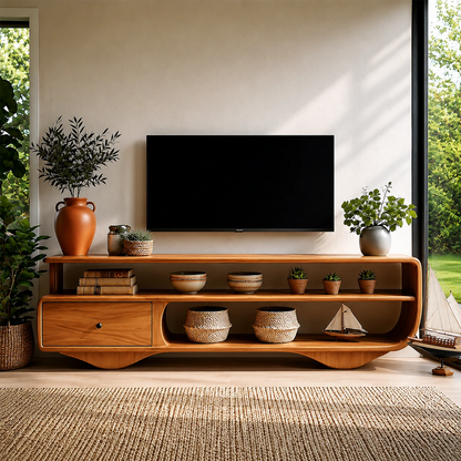 Low Profile TV Stand with Drawer and Open Shelves in Natural Solid Wood