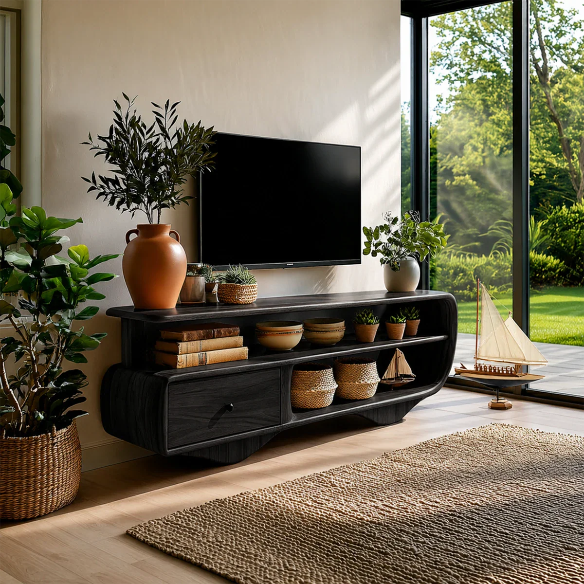 Minimal living space styled with a practical TV console and natural wood appearance