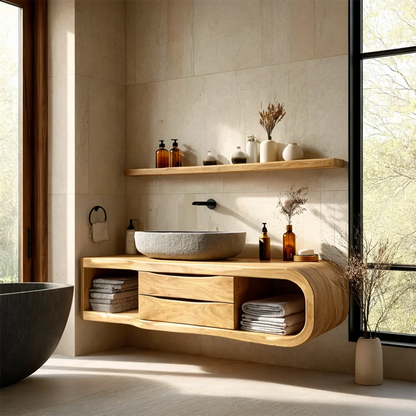 Floating vanity with towel shelf in brown tone – brown tone vanity