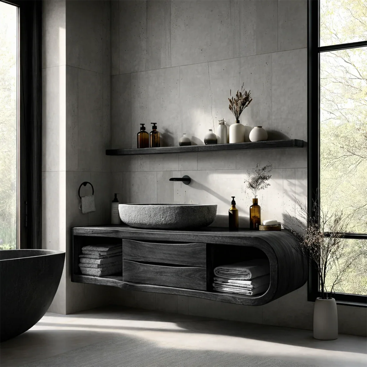 Stylish curved floating vanity – solid wood floating vanity