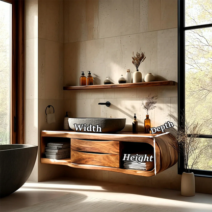 Floating Bathroom Vanity Natural Solid Wood With Curved Frame Drawer