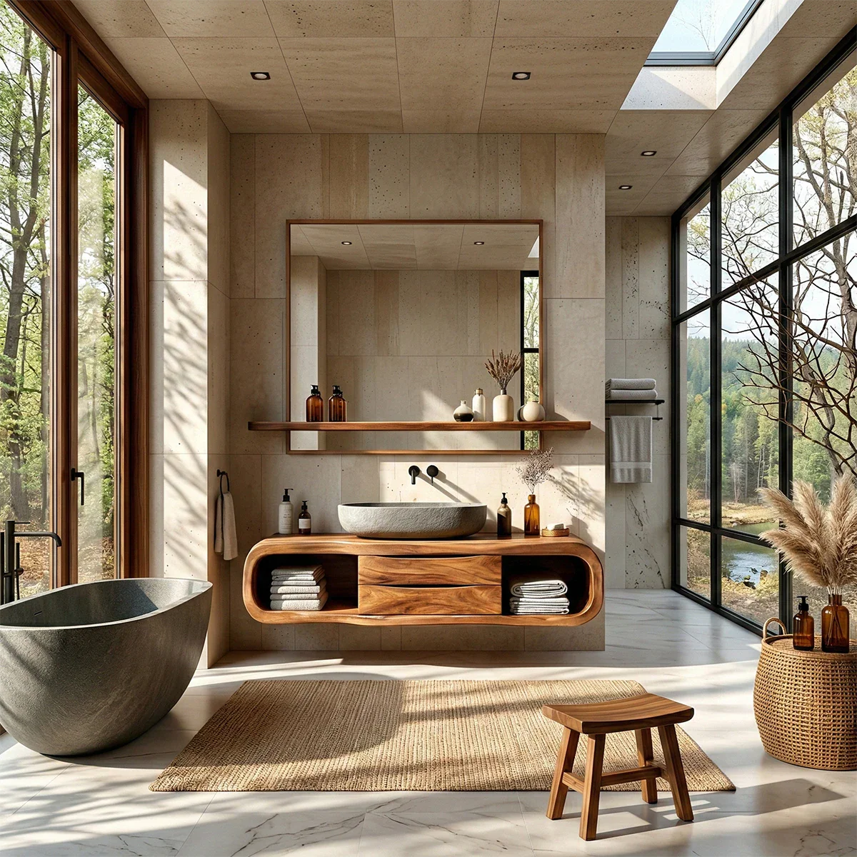 Minimal curved vanity in warm brown tone – modern bathroom vanity