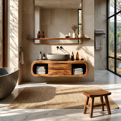 Floating Bathroom Vanity Natural Solid Wood With Curved Frame Drawer