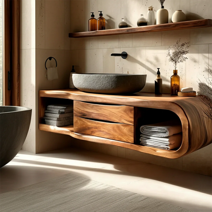 Rounded floating bathroom cabinet in brown tone – floating wood vanity