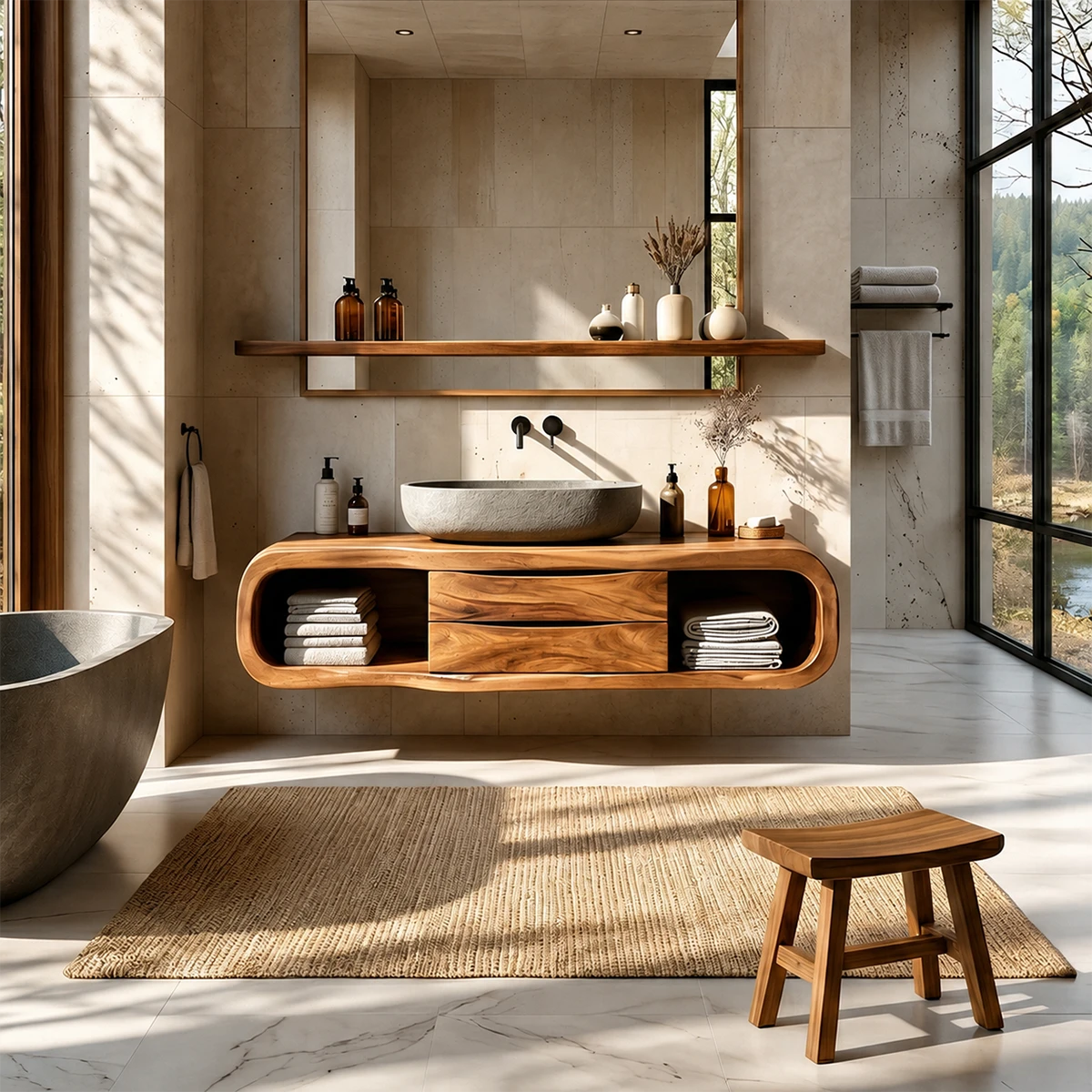 Floating Bathroom Vanity Natural Solid Wood With Curved Frame Drawer