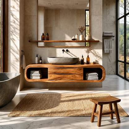 Floating Bathroom Vanity Natural Solid Wood With Curved Frame Drawer