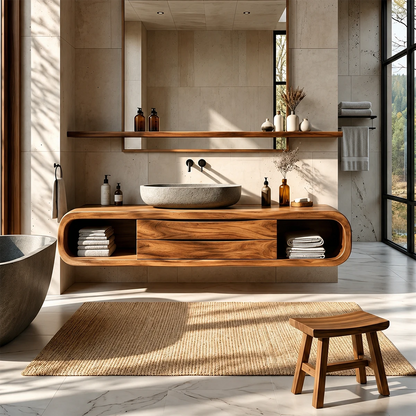 Floating Bathroom Vanity Natural Solid Wood With Curved Frame Drawer