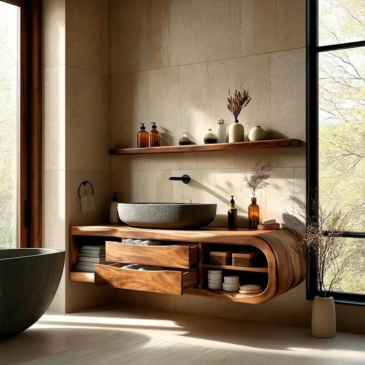 Curved bathroom cabinet with brown finish – solid wood bathroom cabinet
