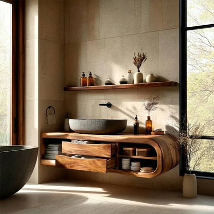 Curved bathroom cabinet with brown finish – solid wood bathroom cabinet