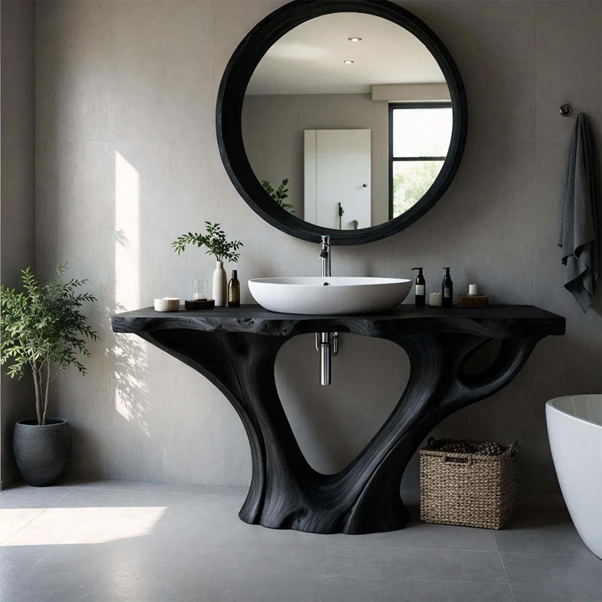 Contemporary solid wood vanity with sculptural legs