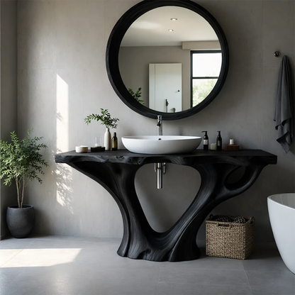 Contemporary solid wood vanity with sculptural legs