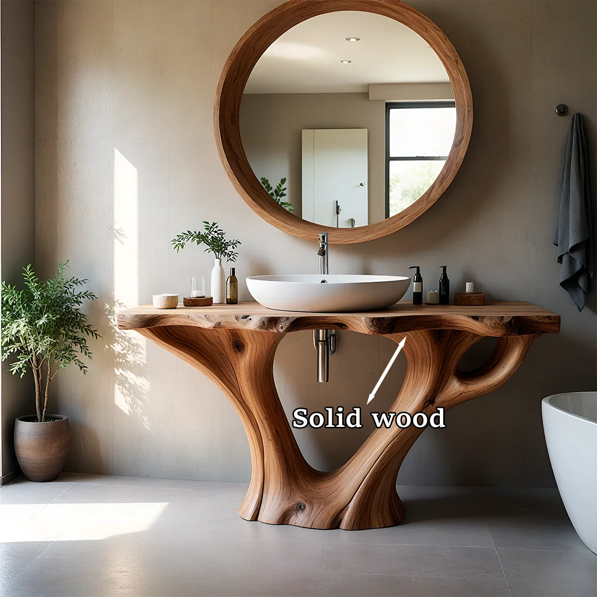Brown wooden bathroom vanity with artistic base design