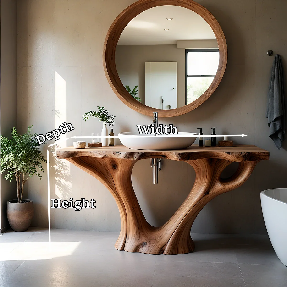 Modern organic wood bathroom vanity with round mirror