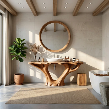 Contemporary brown wood vanity with sculptural frame