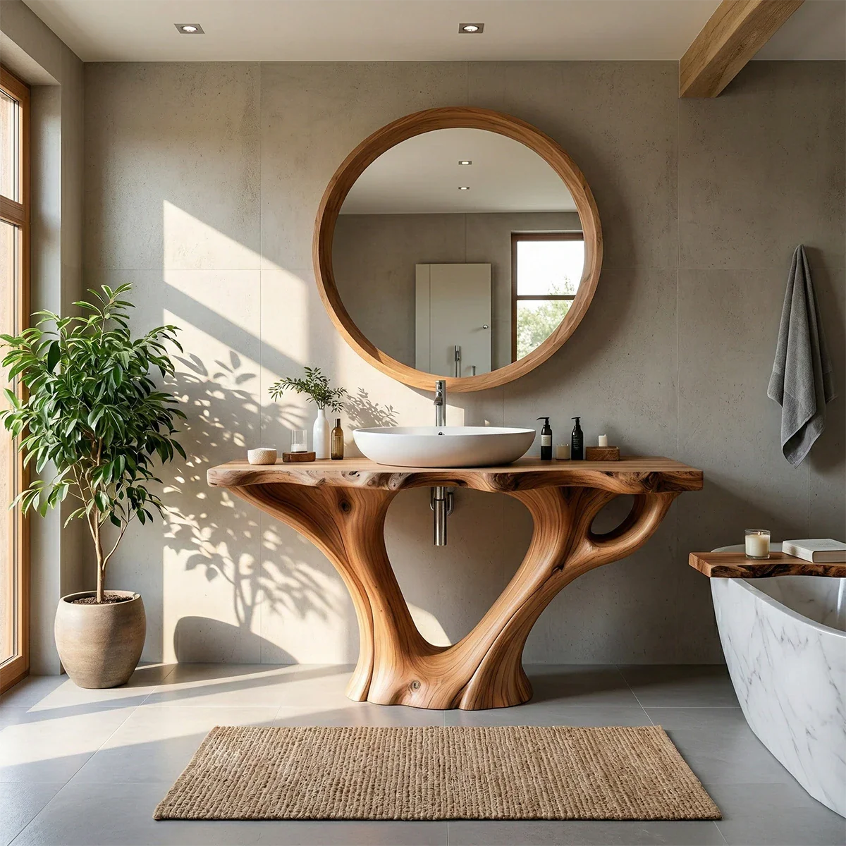 Natural brown wooden bathroom vanity with artistic base