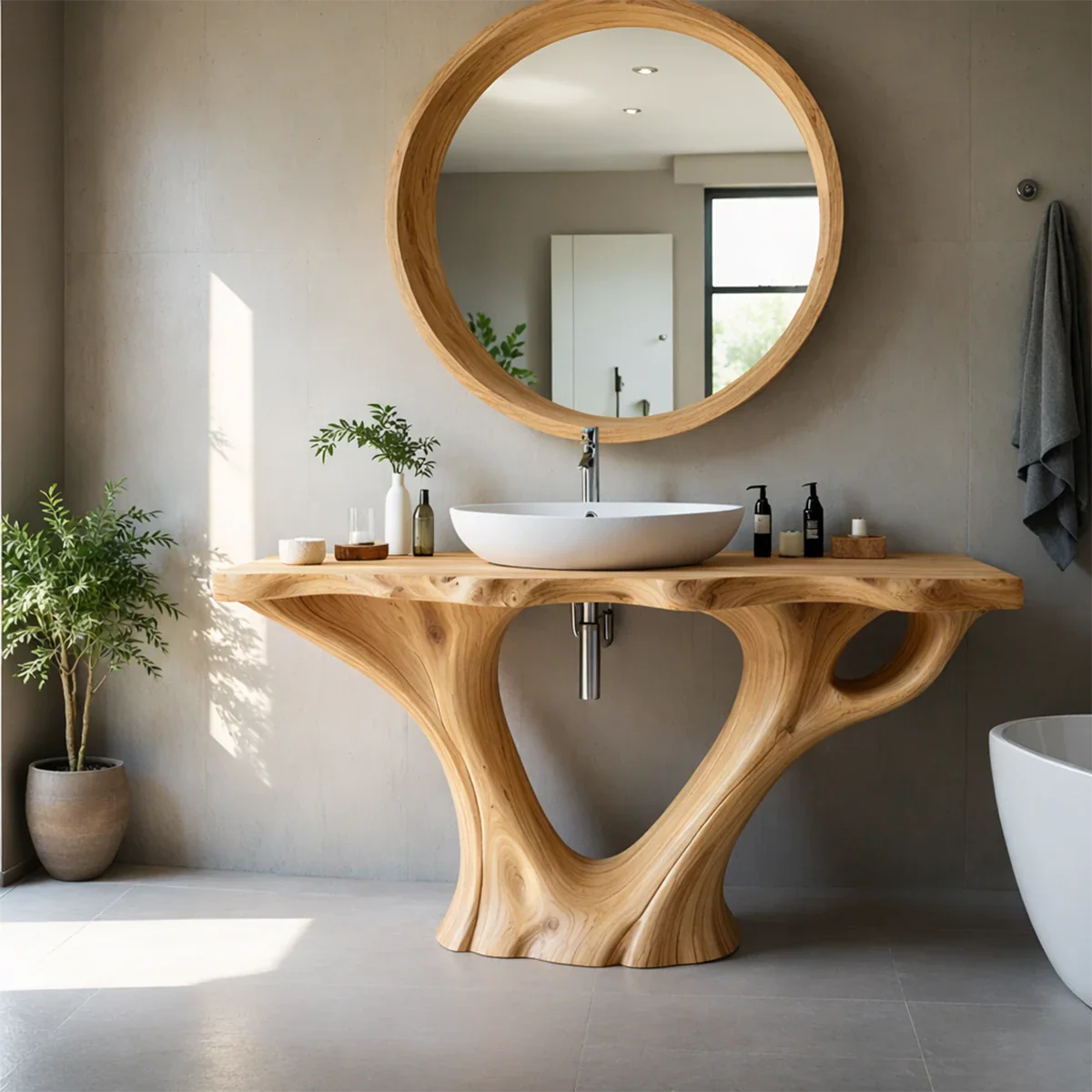 Designer brown wood bathroom vanity with organic form