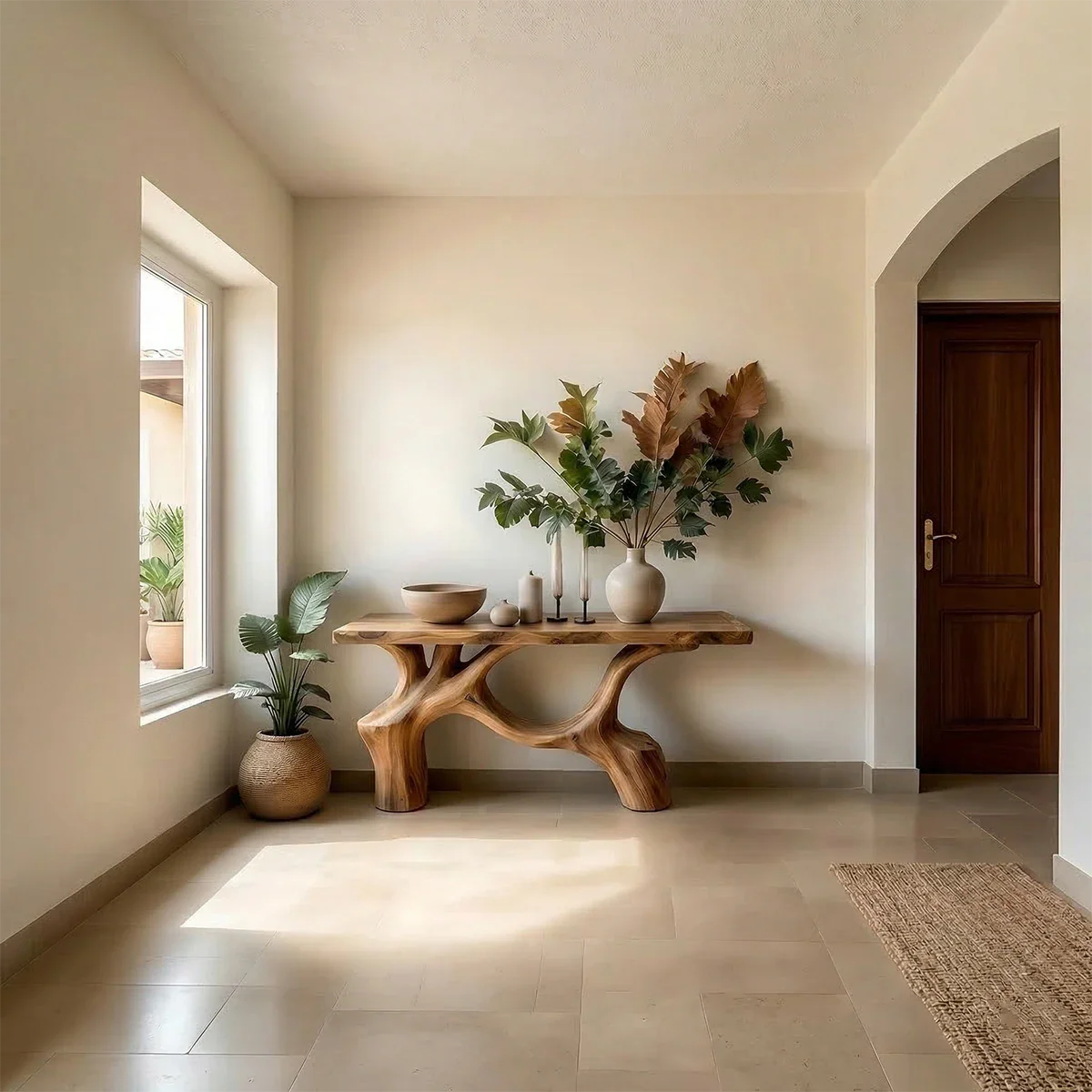 Natural brown wood console table with curved support