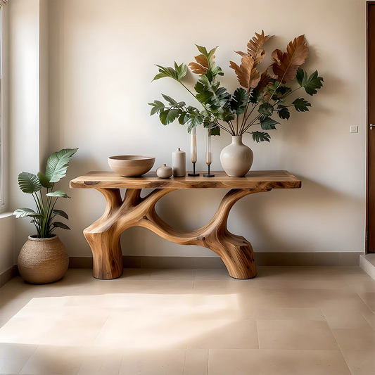 Organic brown wood console table with loop base